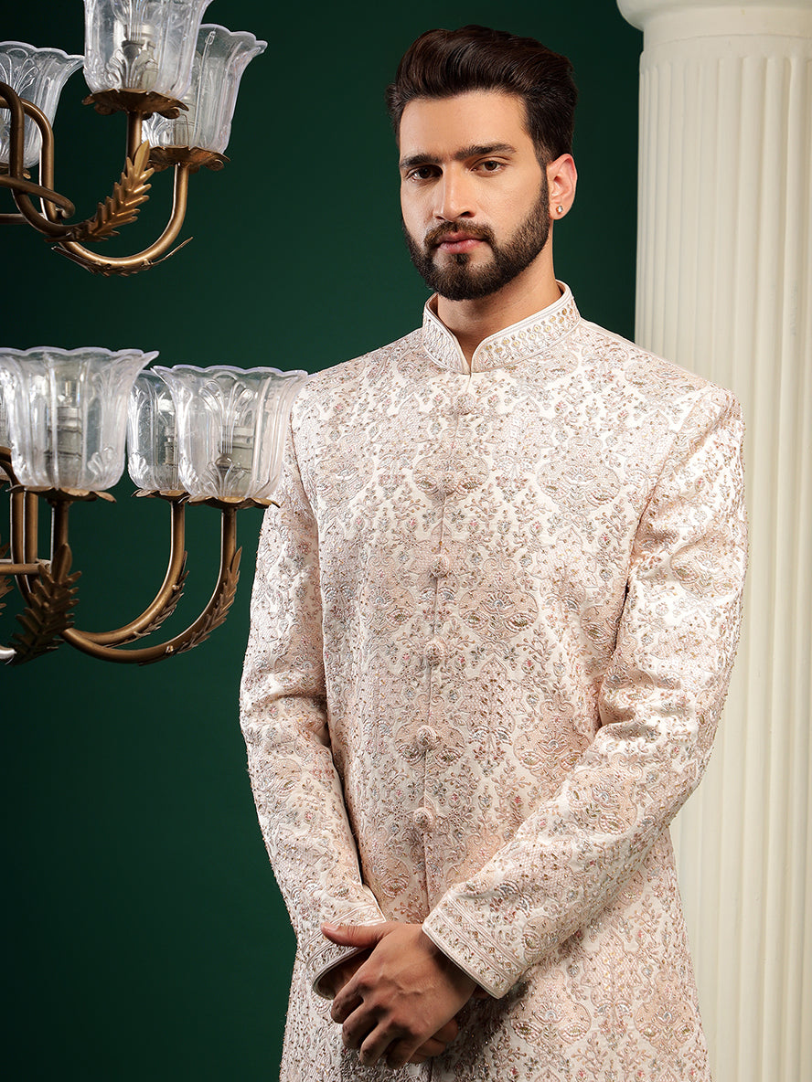 Powder pink raw silk sherwani set
