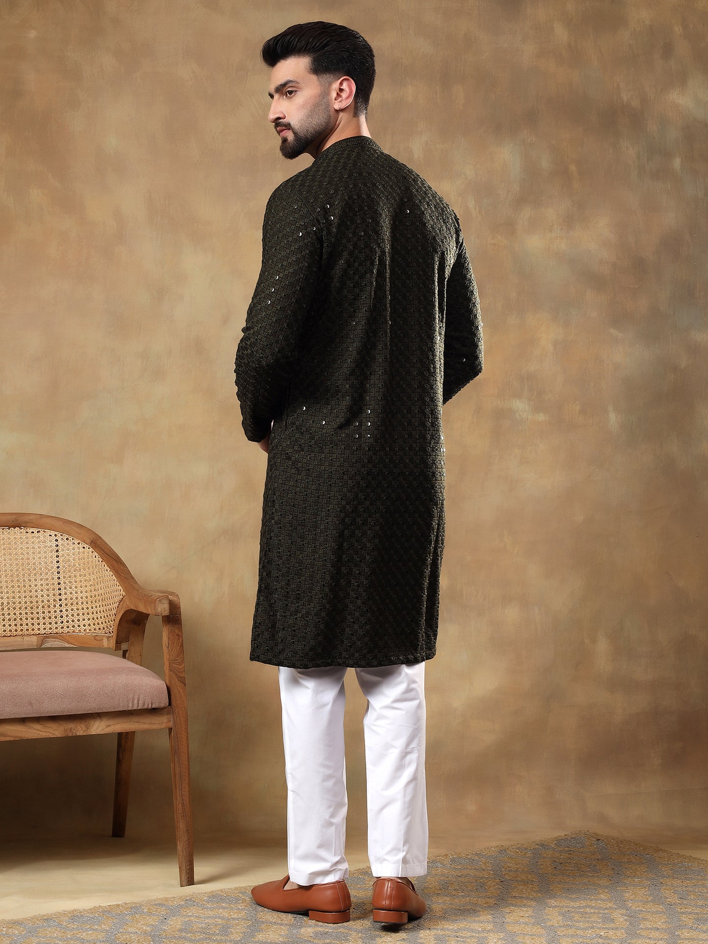 OLIVE GREEN SELF PATTERNED SEQUINSWORK KURTA SET