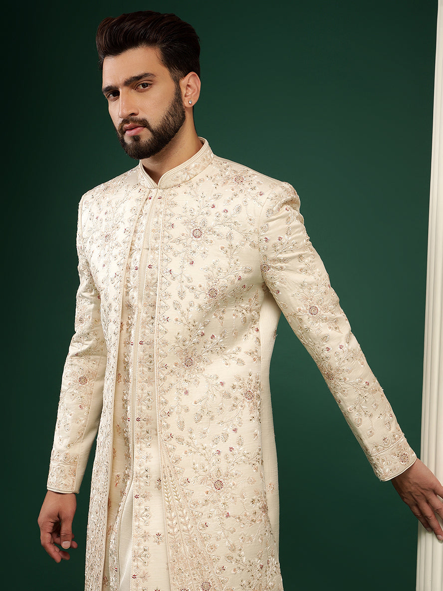 Pale Gold Jacket Style Sherwani With All Over Work