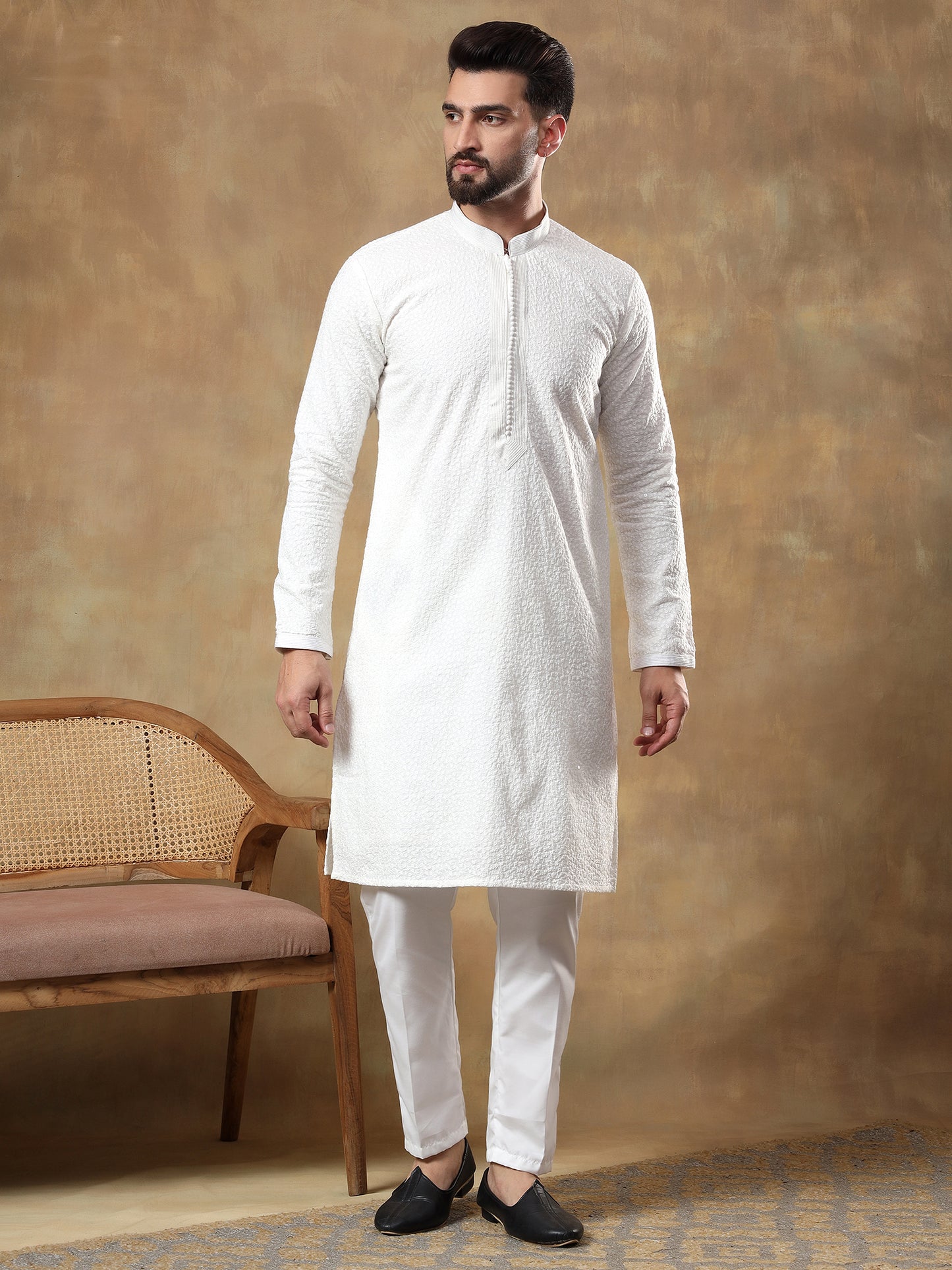 FERN GREEN THREAD EMBROIDERED JACKET WITH WHITE CHIKANKARI KURTA SET