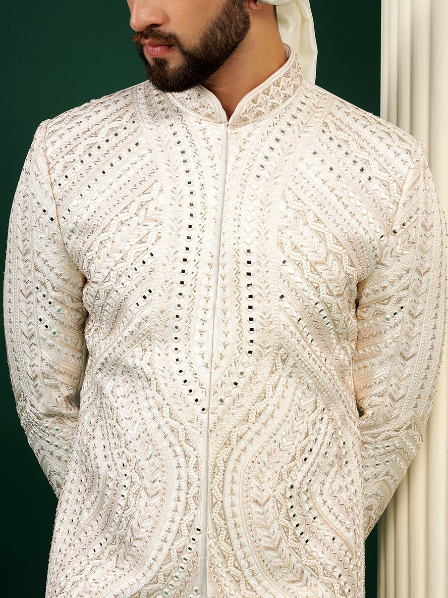 Off White Color Mirror Embellished Sherwani Set