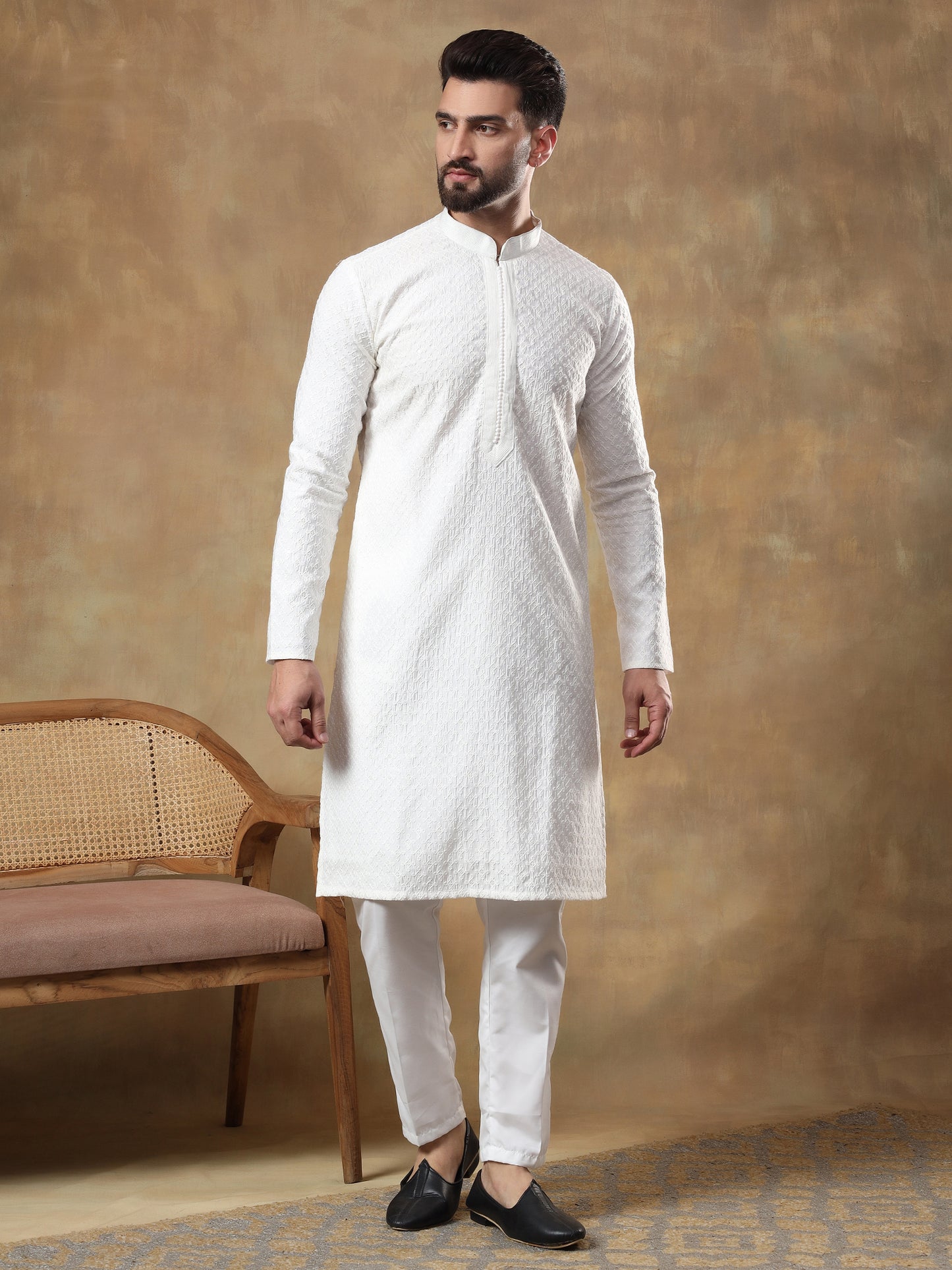 DARK GREY THREAD EMBROIDERED JACKET WITH CHIKANKARI KURTA SET