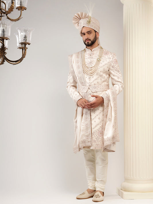 Rose pink self embroidered sherwani