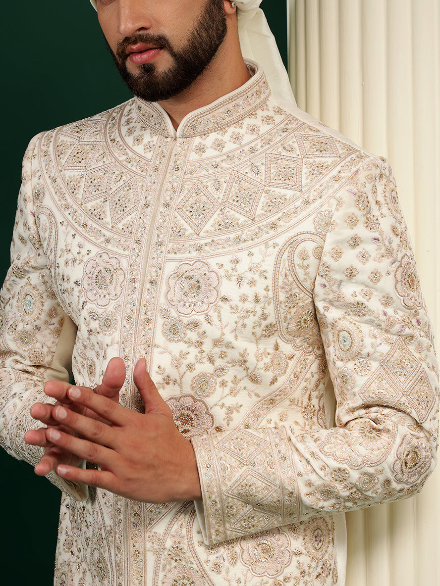 Pastel Cream Paisley Pattern Sherwani Set