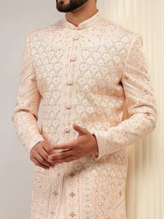 Peach Color Embroidery Sherwani Set