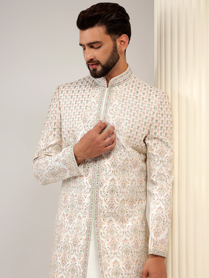 Pearl White Sherwani With Blush Pink Embroidery