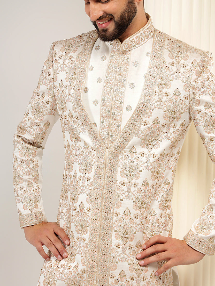 Stylish Cream Silk Groom Sherwani With Threadwork Embroidery