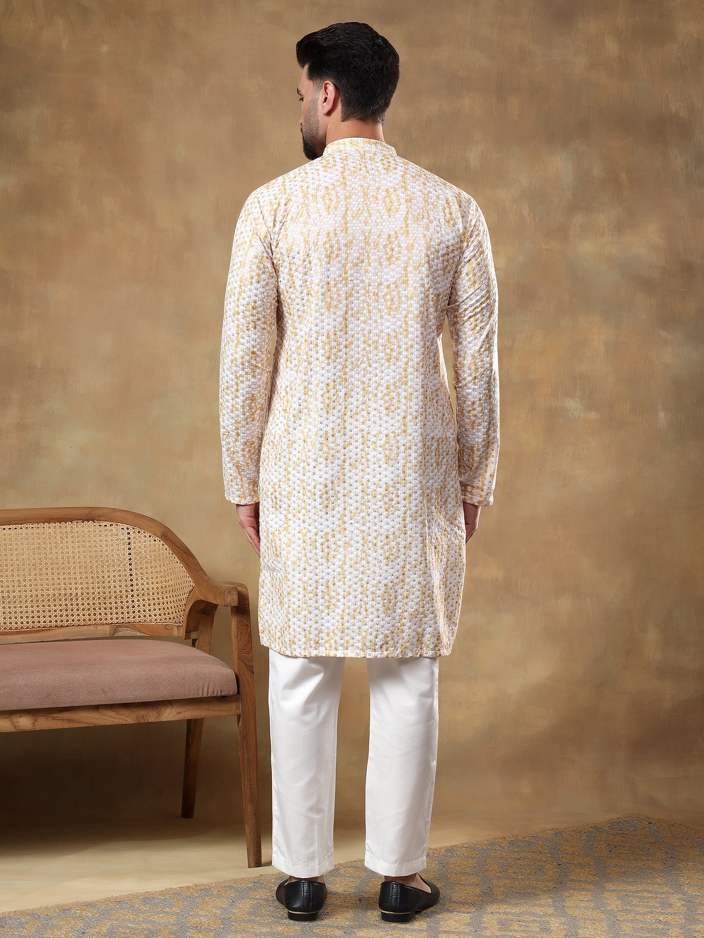 CREAM CHIKANKARI SEQUINNED KURTA WITH MUSTARD PRINT PATTERN