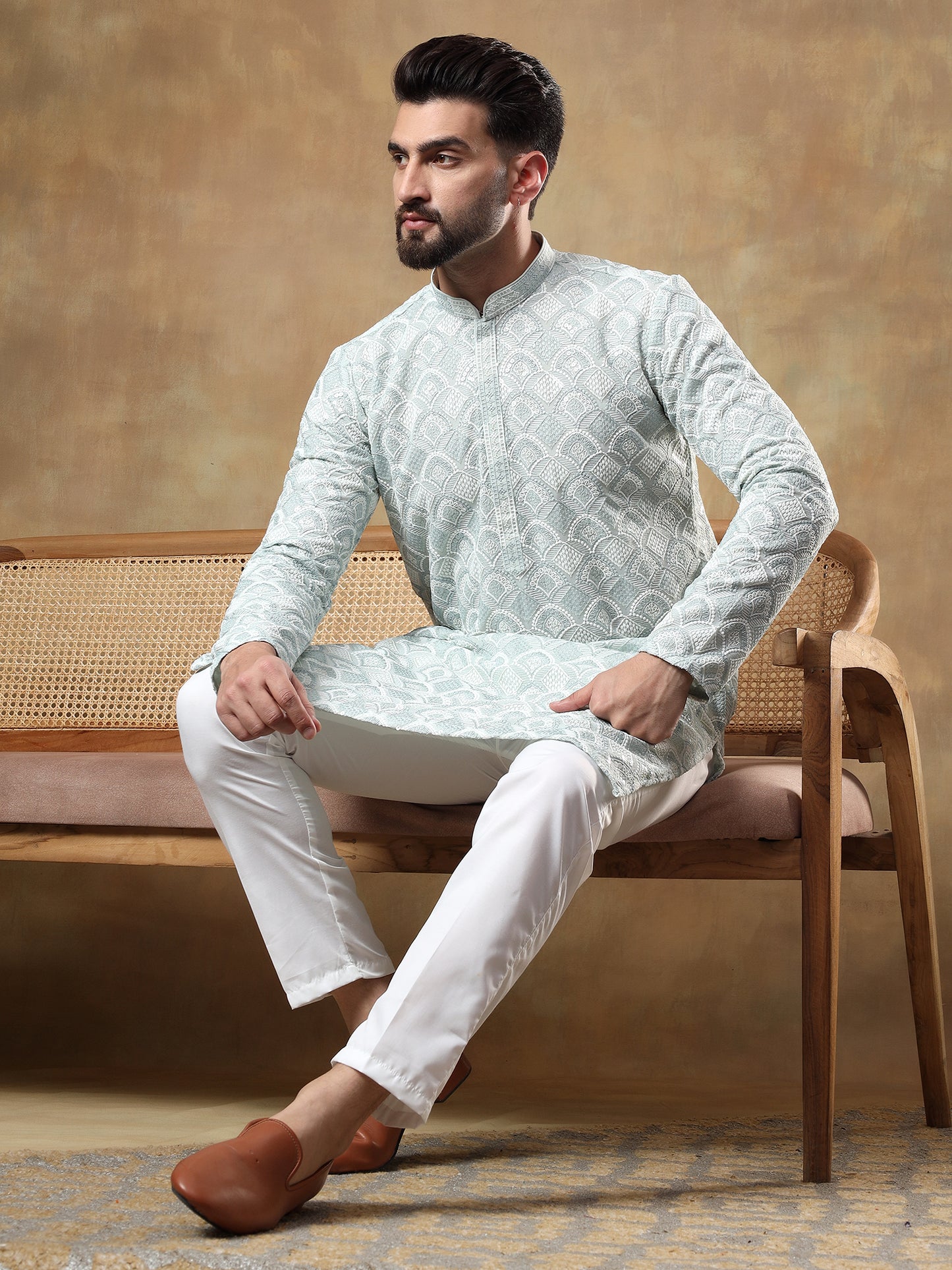 PISTACHIO GREEN SELF PATTERNED KURTA SET