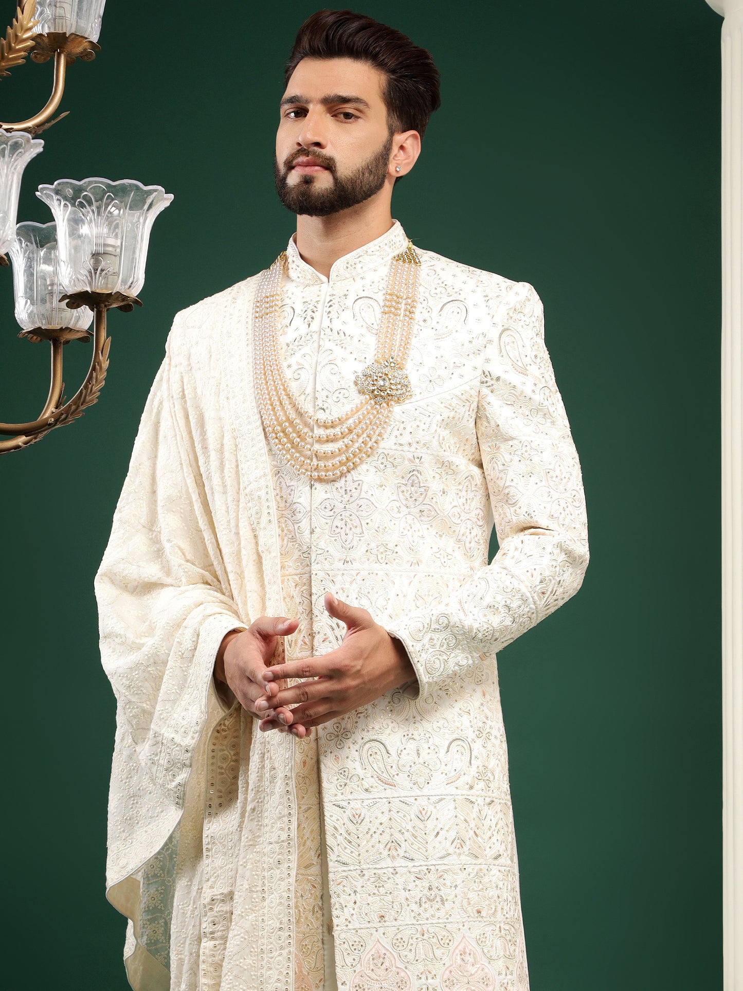 PRISTINE CREAM SHERWANI WITH ETHNIC MOTIFS