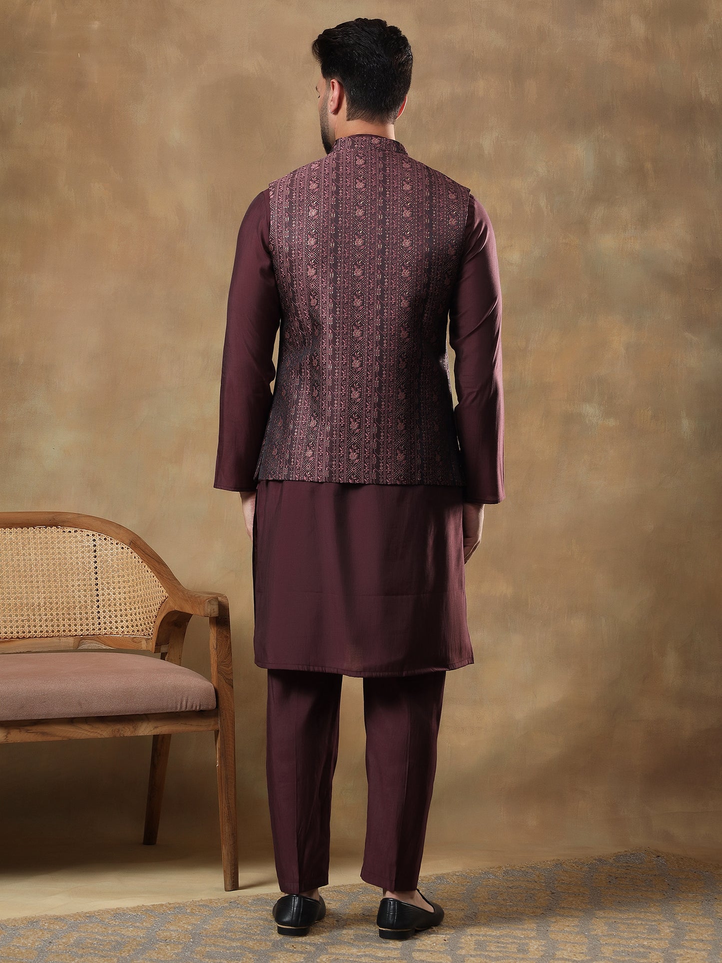 GRAPE WINE BEL BUTI PATTERNED KURTA JACKET SET