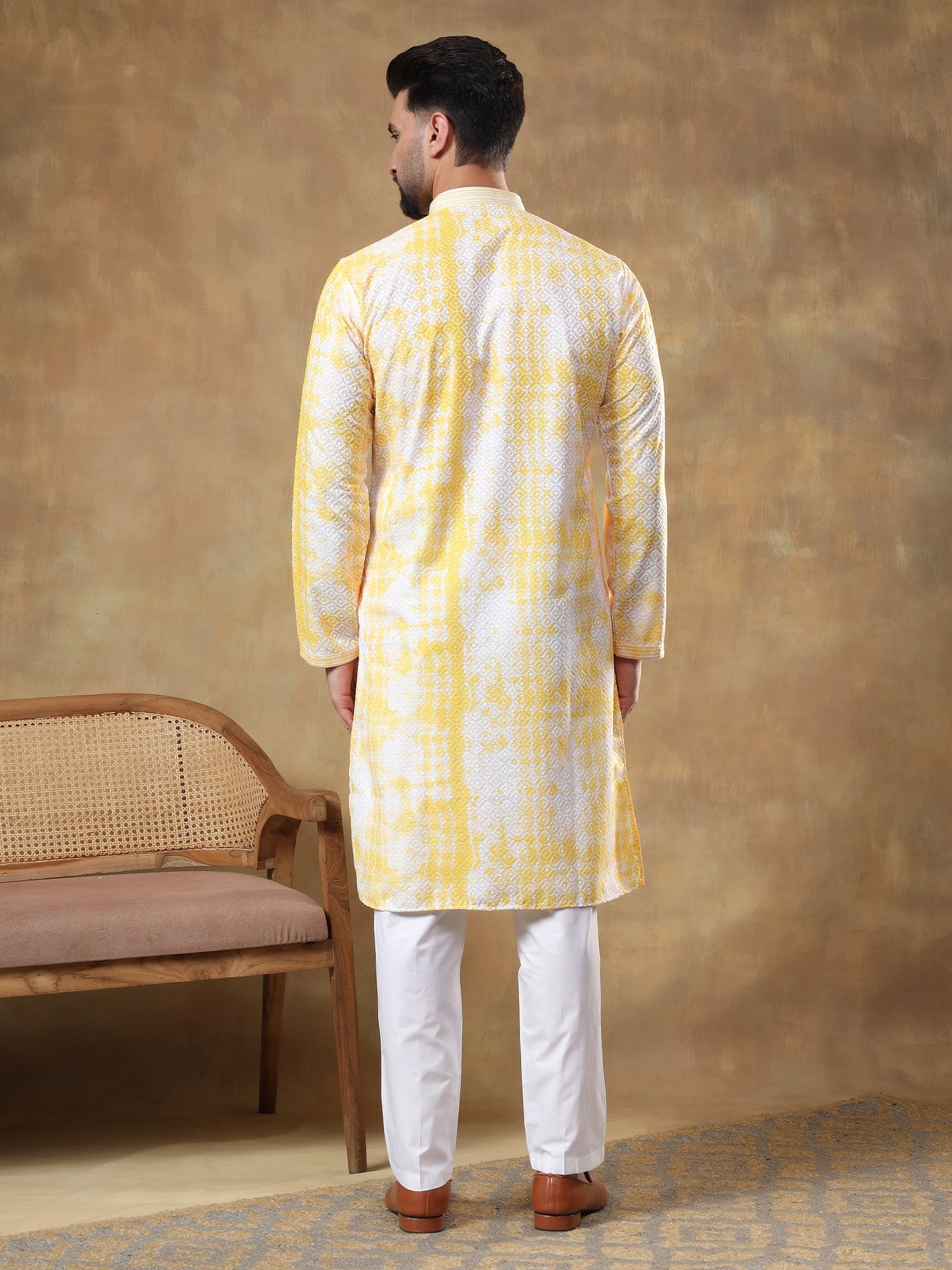 Off White Kurta With Mustard Yellow Print