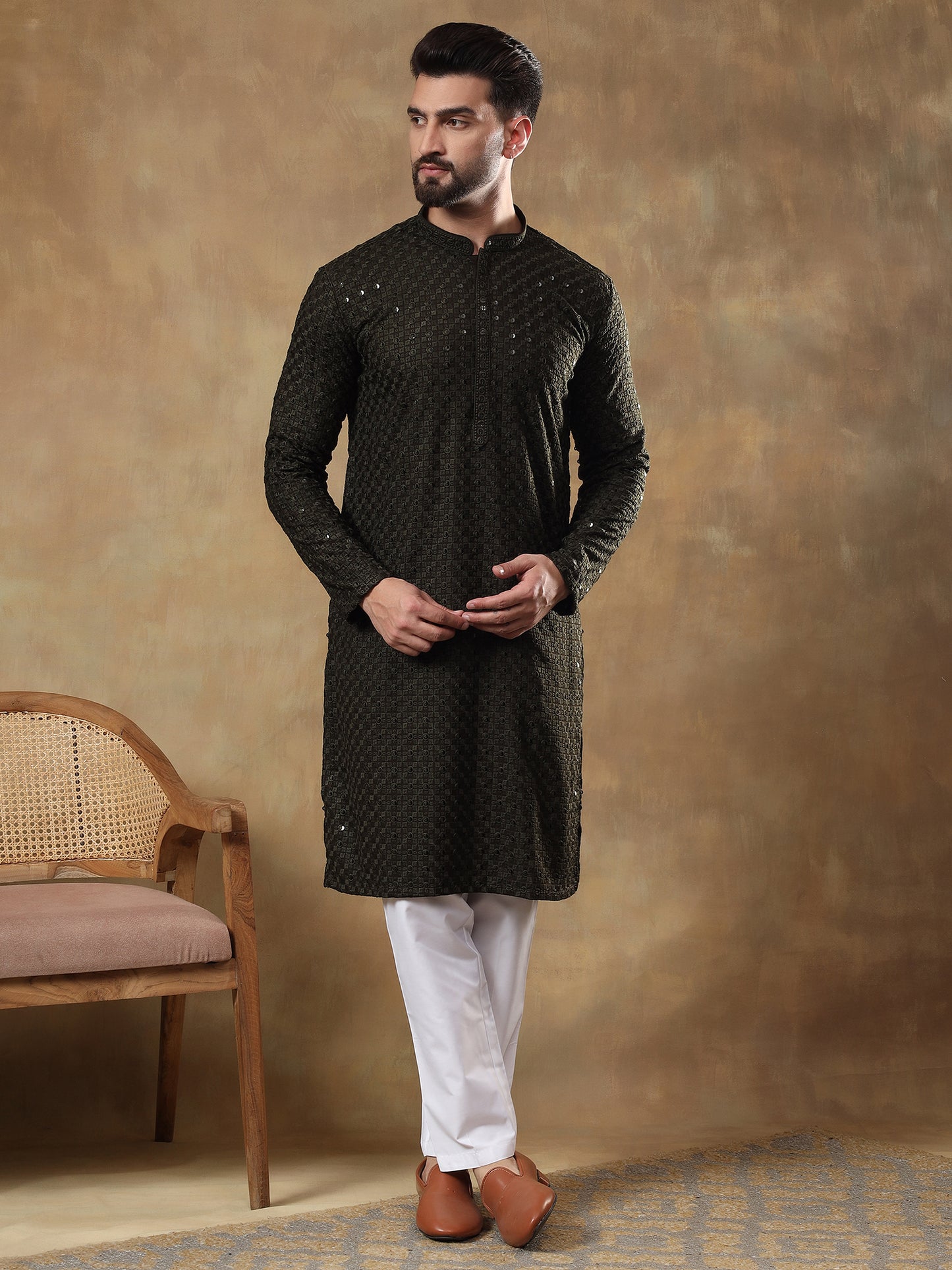OLIVE GREEN SELF PATTERNED SEQUINSWORK KURTA SET
