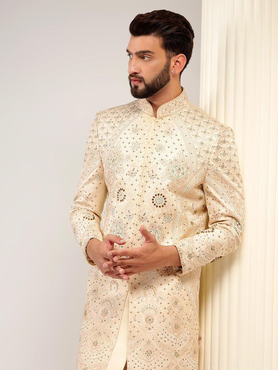 Contemporary Peach Color Designer Sherwani Set