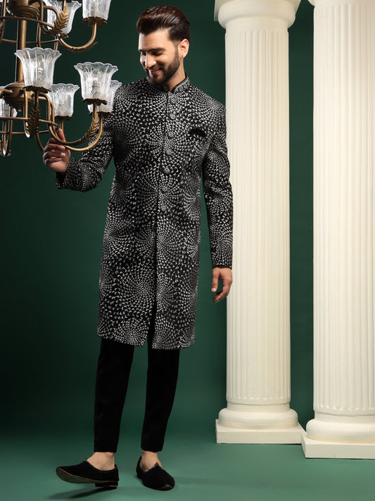 Royal Black Indowestern With Sterling Grey Patterns