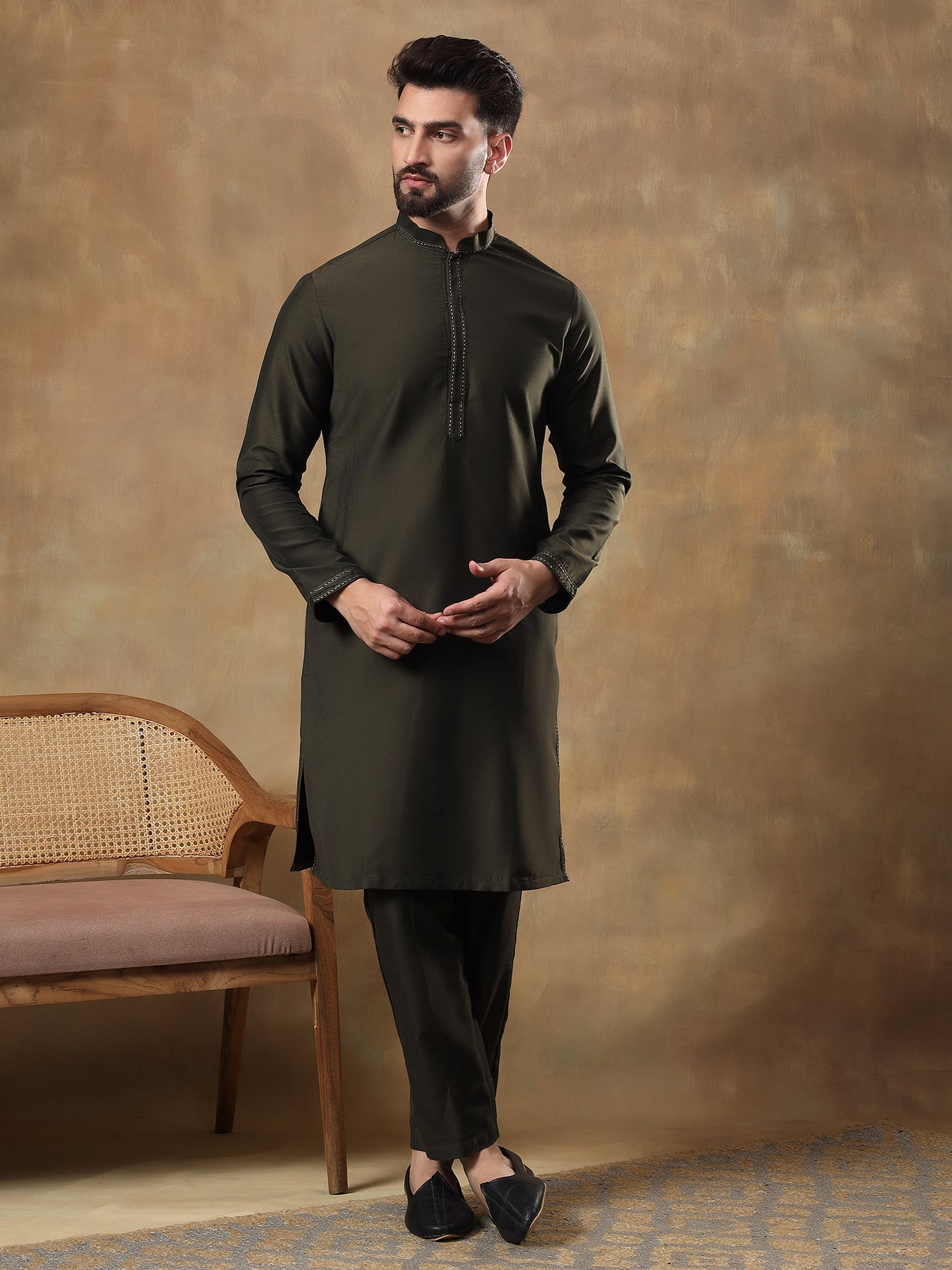 Bottle Green Belbuti Patterned Kurta Jacket Set