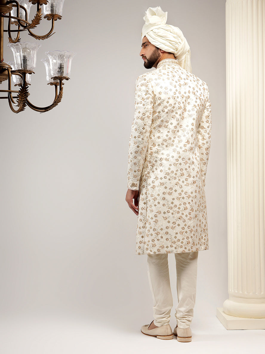 Pearled Ivory Floral Patterned Angrakha Style Sherwani Set