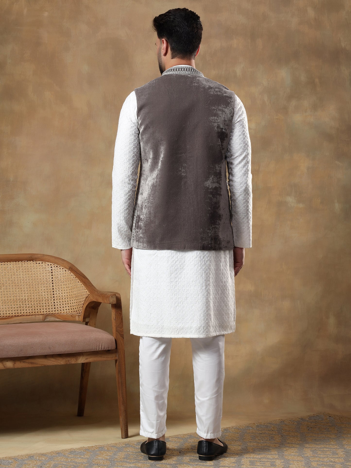 DARK GREY THREAD EMBROIDERED JACKET WITH CHIKANKARI KURTA SET