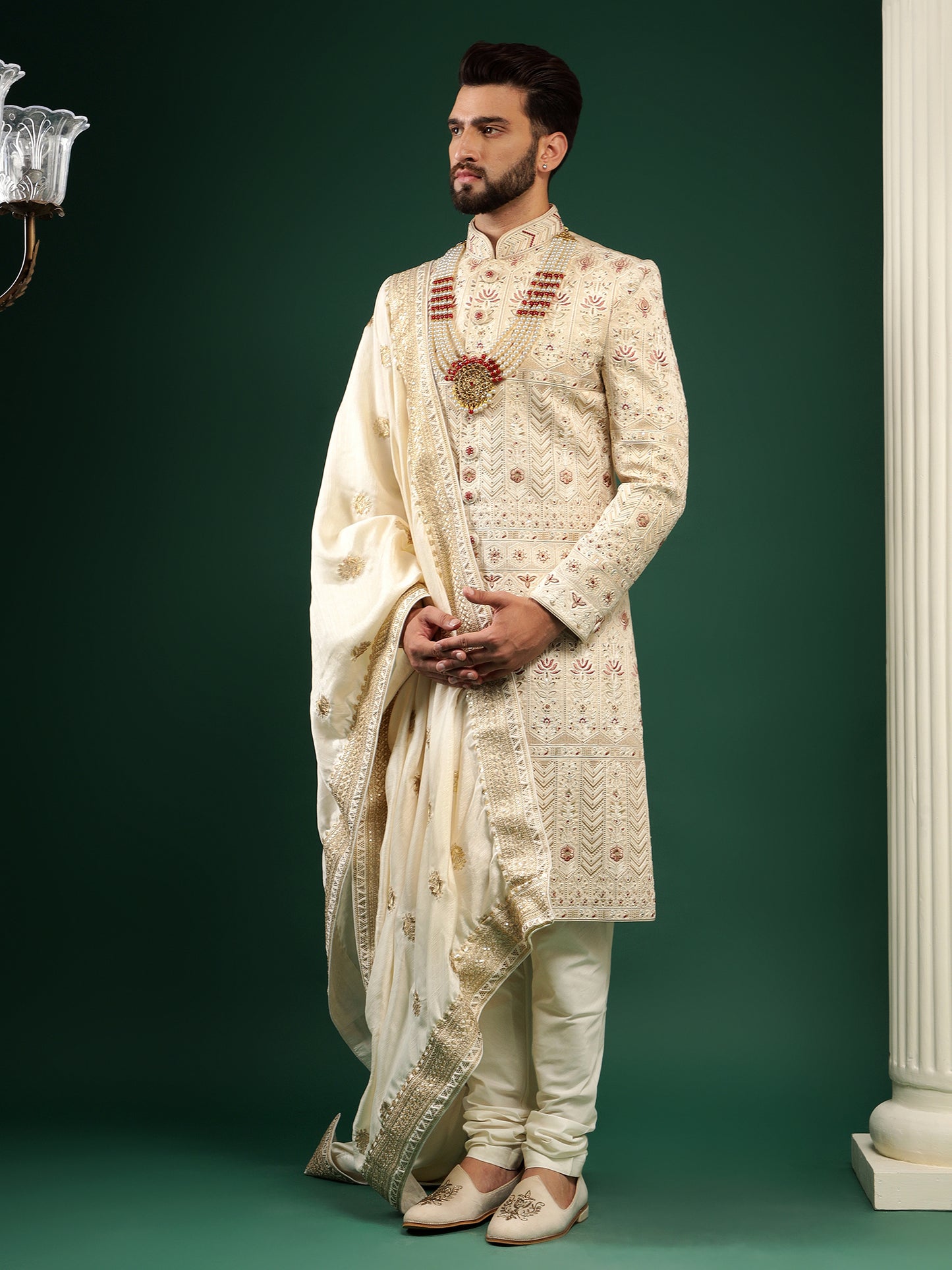 Classy Cream Sherwani With Contrasting Motifs