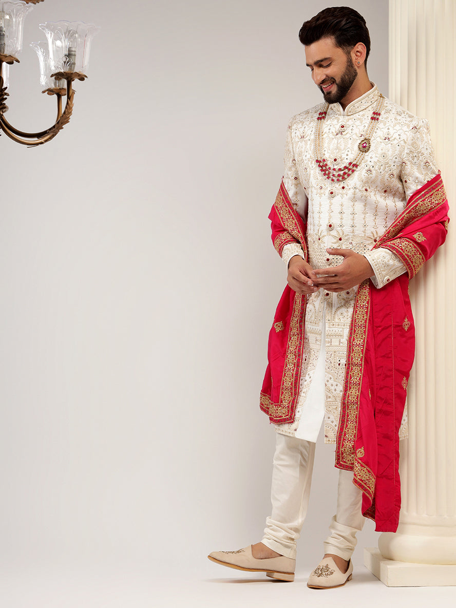 Elegant Off White Raw Silk Sherwani Set
