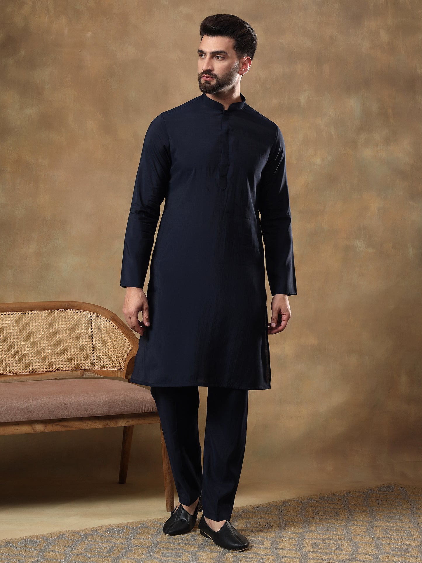 IMPERIAL BLUE GRID PATTERNED KURTA JACKET SET
