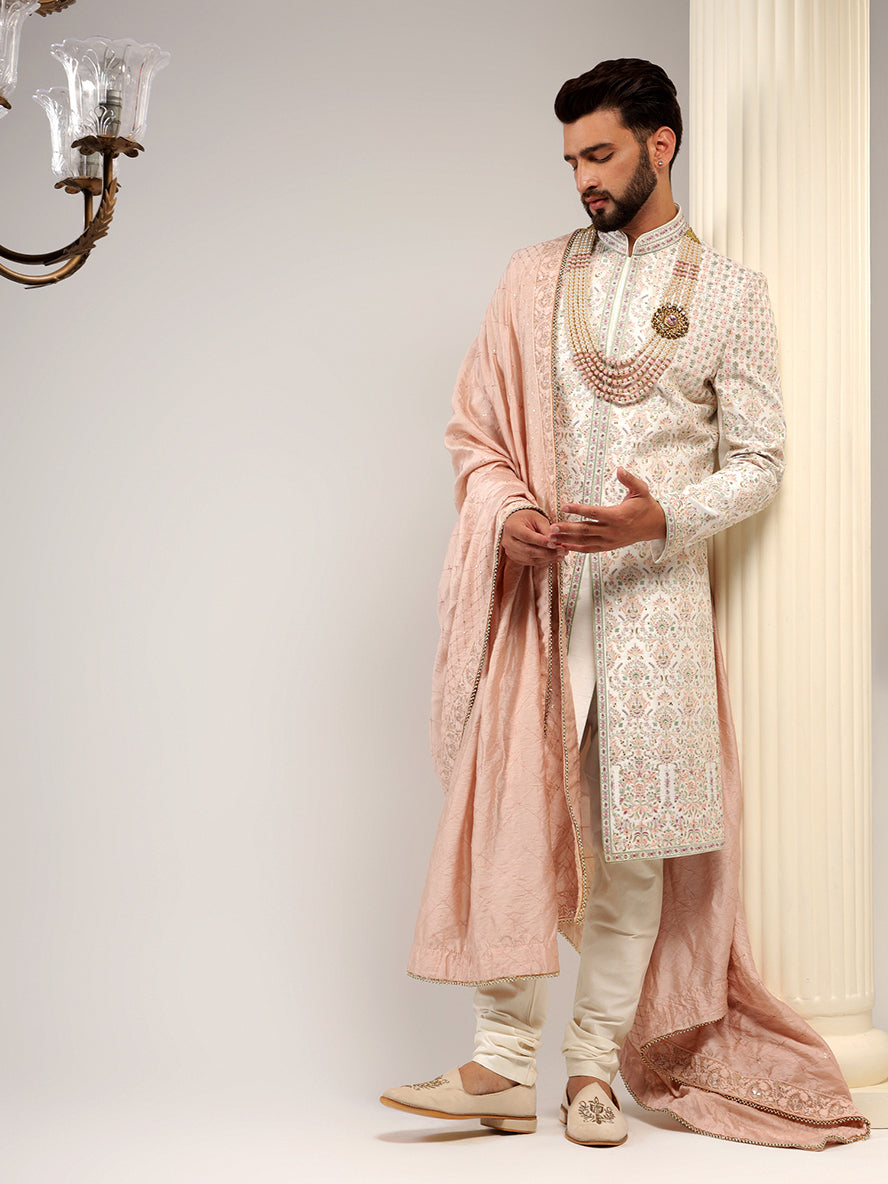 Pearl White Sherwani With Blush Pink Embroidery