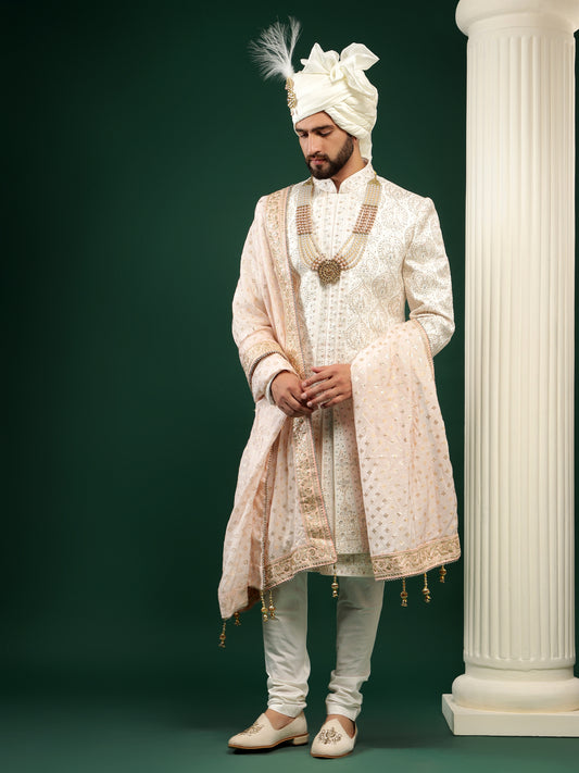 Pearl White Achkan Style Traditional Embroidery Sherwani