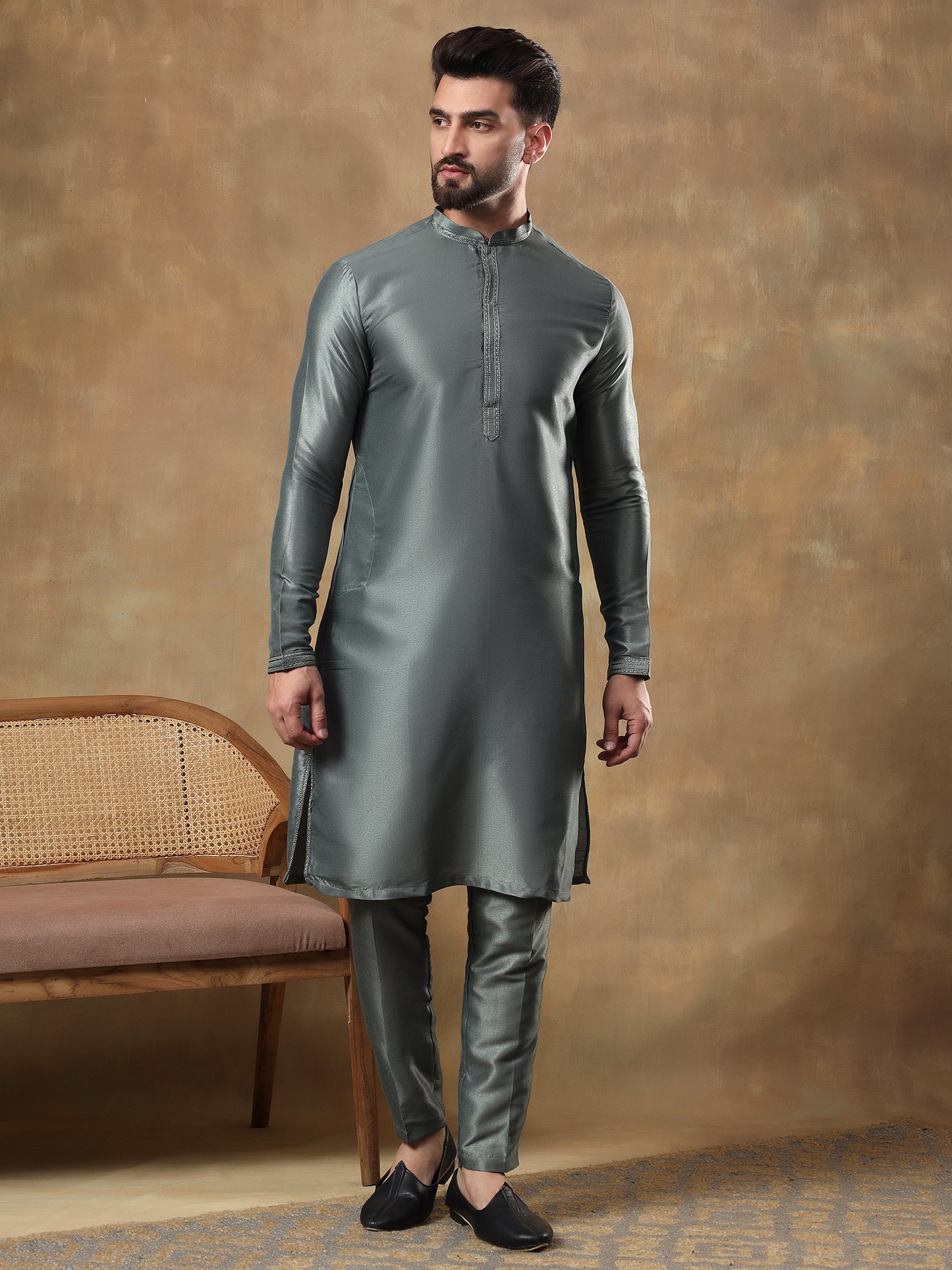 SAGE GREEN FLORAL PATTERNED KURTA JACKET SET