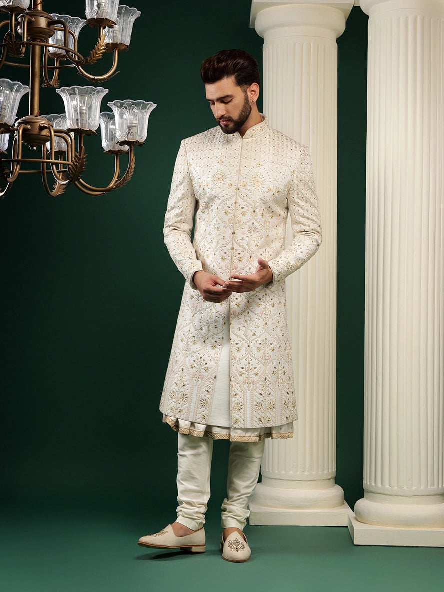 Pearl White Sherwani With Peach Motifs