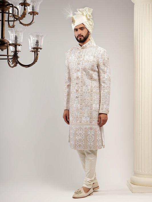 Enchanting Cream Color Self Embroidered Sherwani Set
