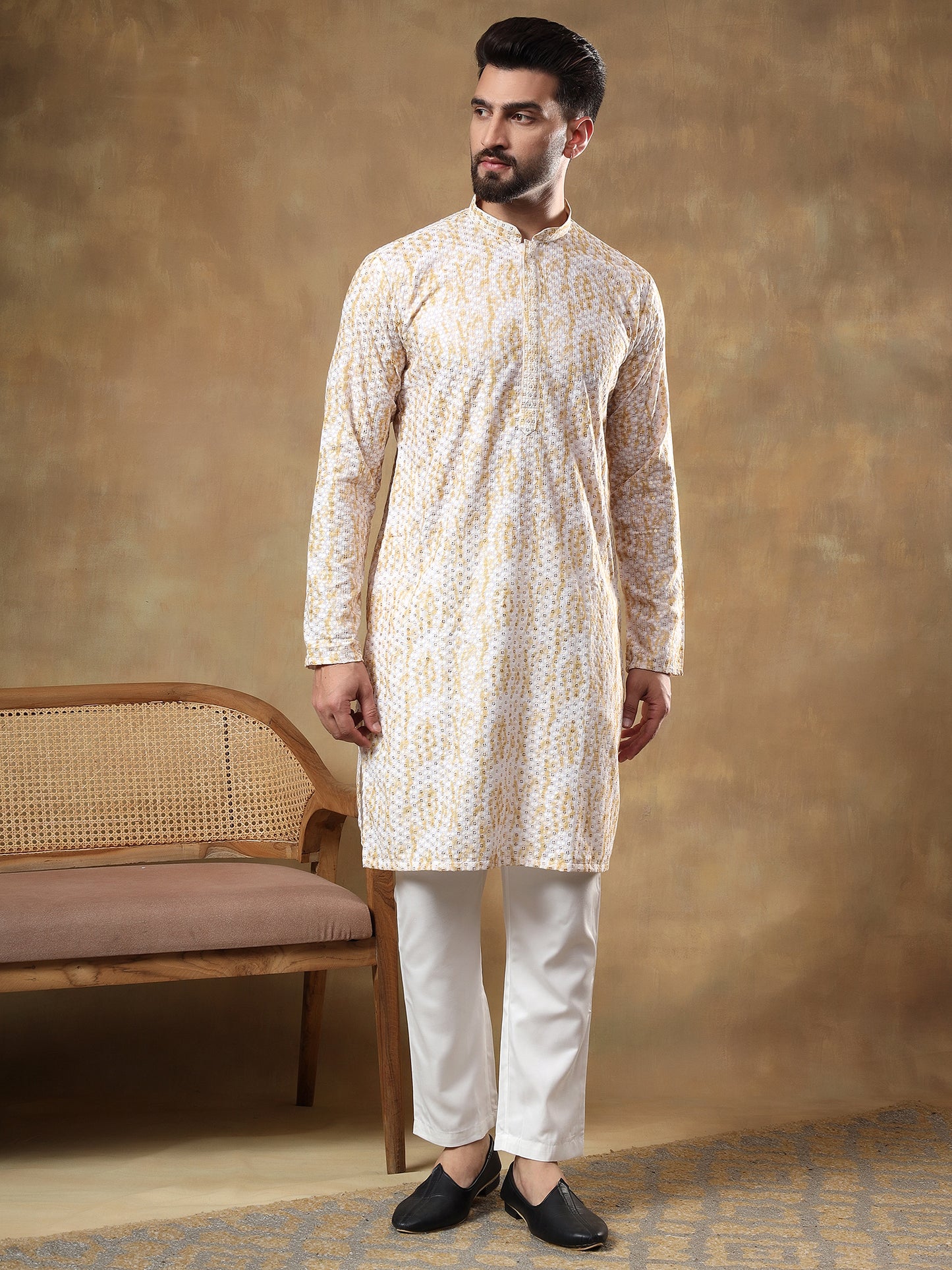CREAM CHIKANKARI SEQUINNED KURTA WITH MUSTARD PRINT PATTERN