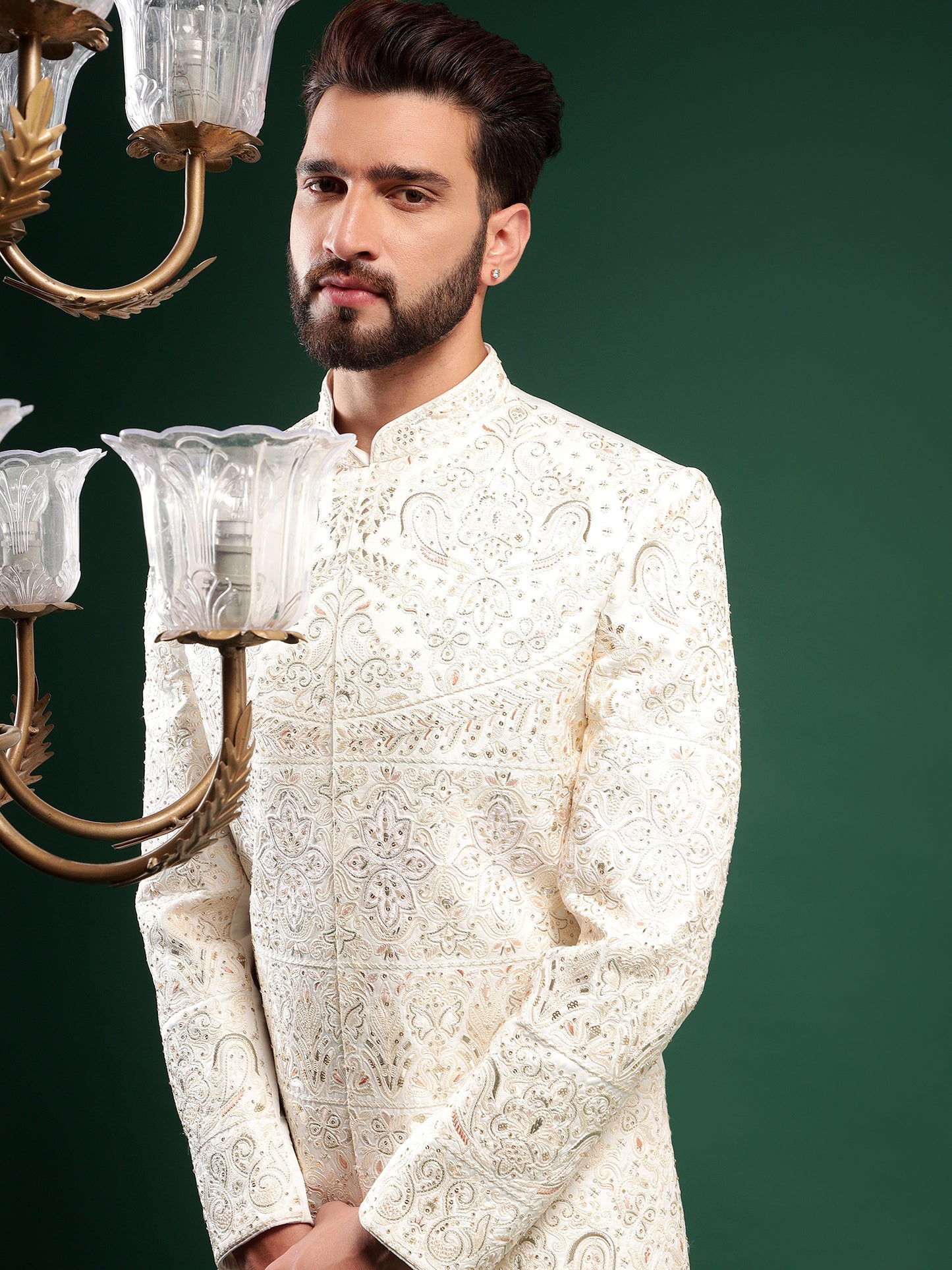 PRISTINE CREAM SHERWANI WITH ETHNIC MOTIFS