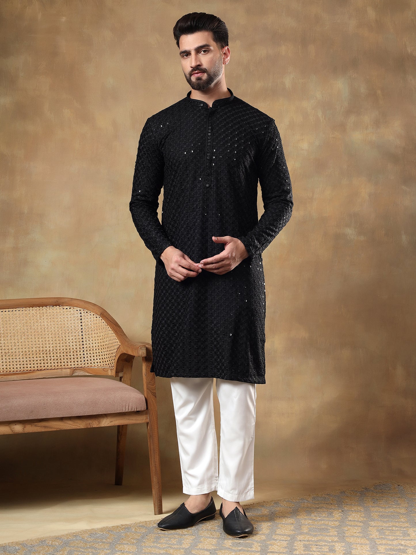 Royal Black Chikankari Seqinned Kurta Set