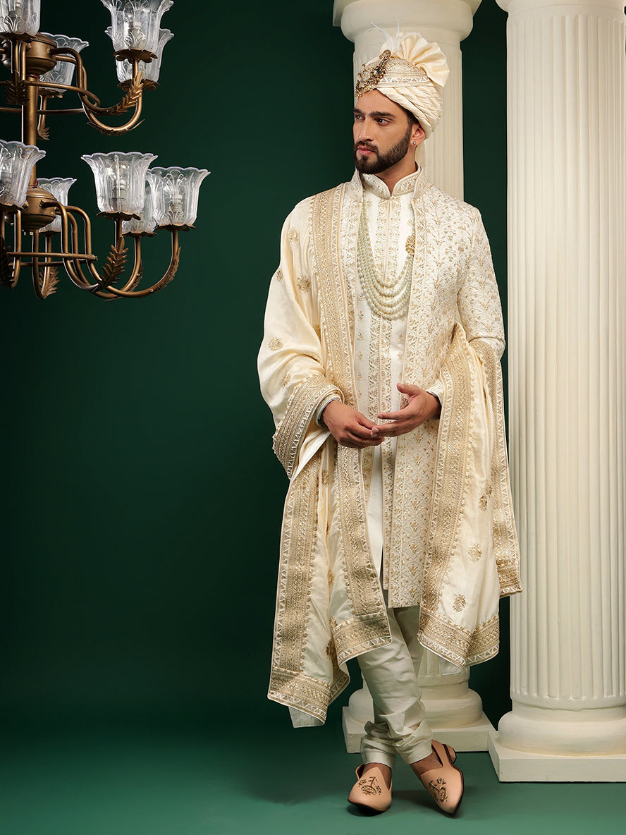CREAM GOLD ACHKAN STYLE SHERWANI SET