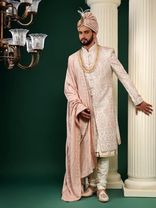 Powder pink raw silk sherwani set