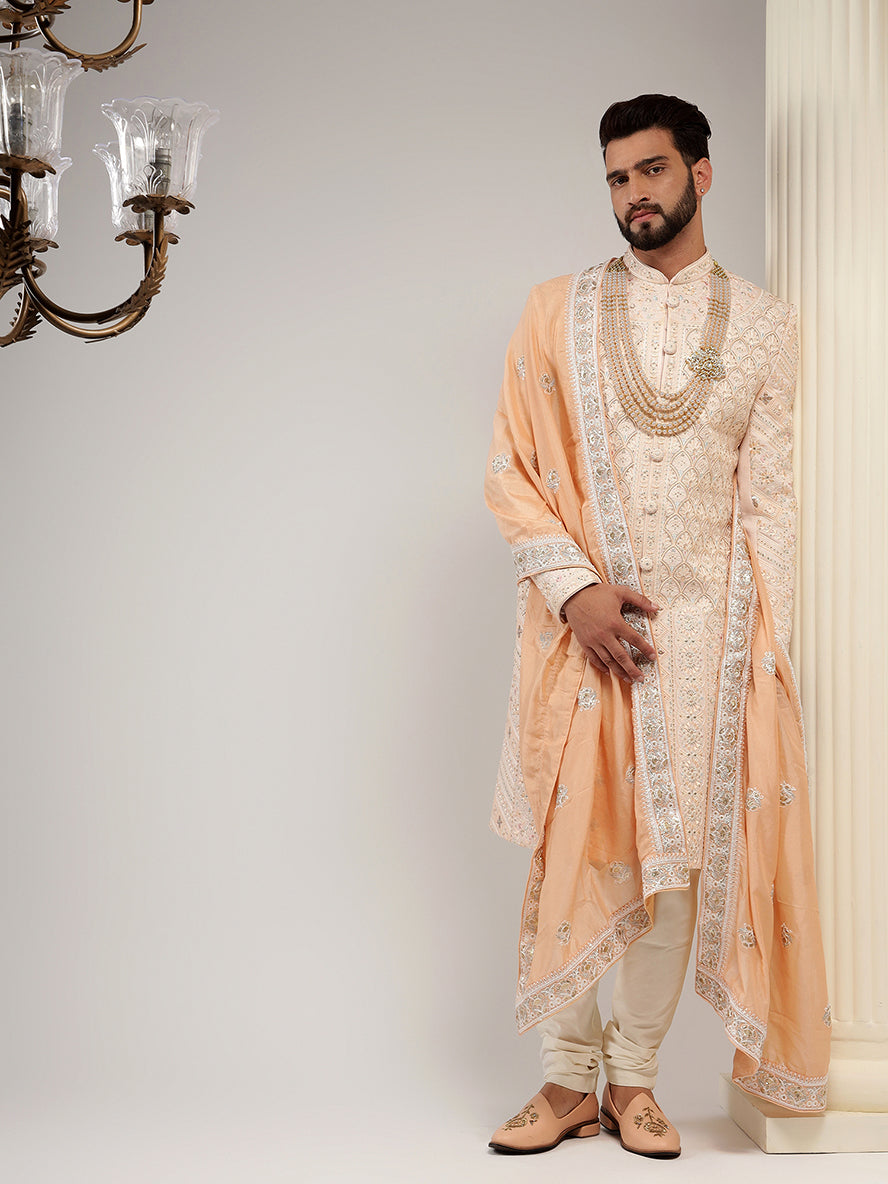 Peach Color Embroidery Sherwani Set