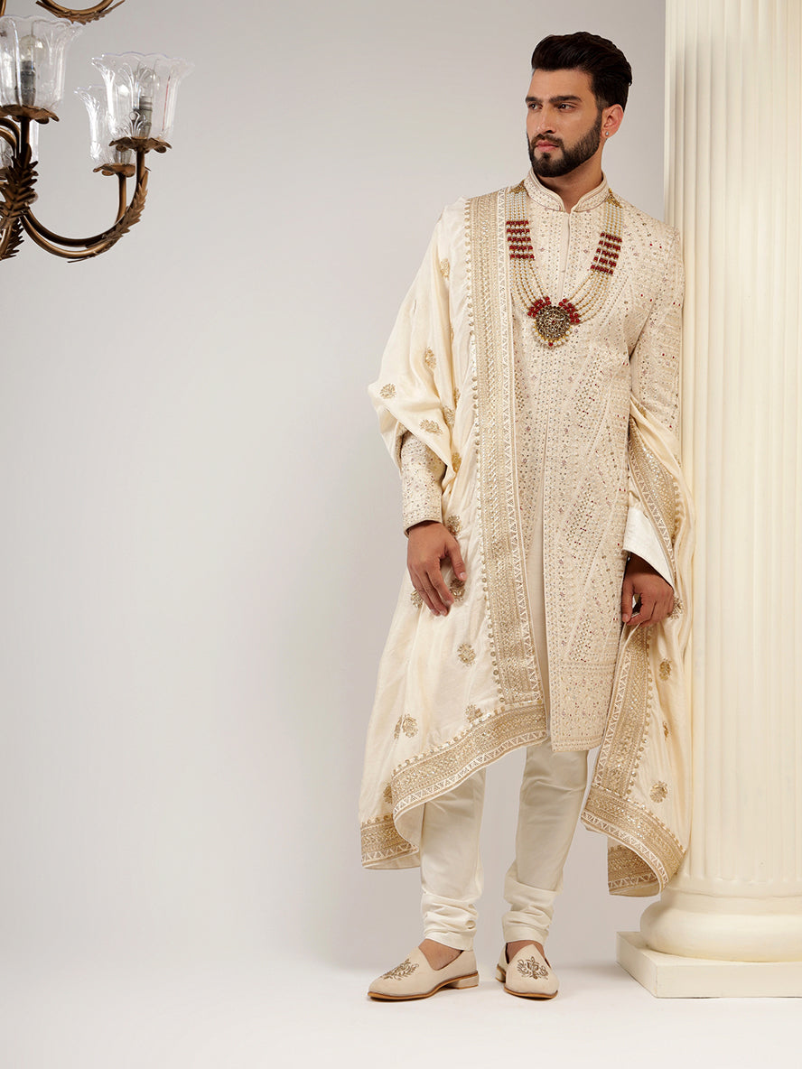 BEIGE SHERWANI SET WITH HEAVY EMBROIDERY WORK