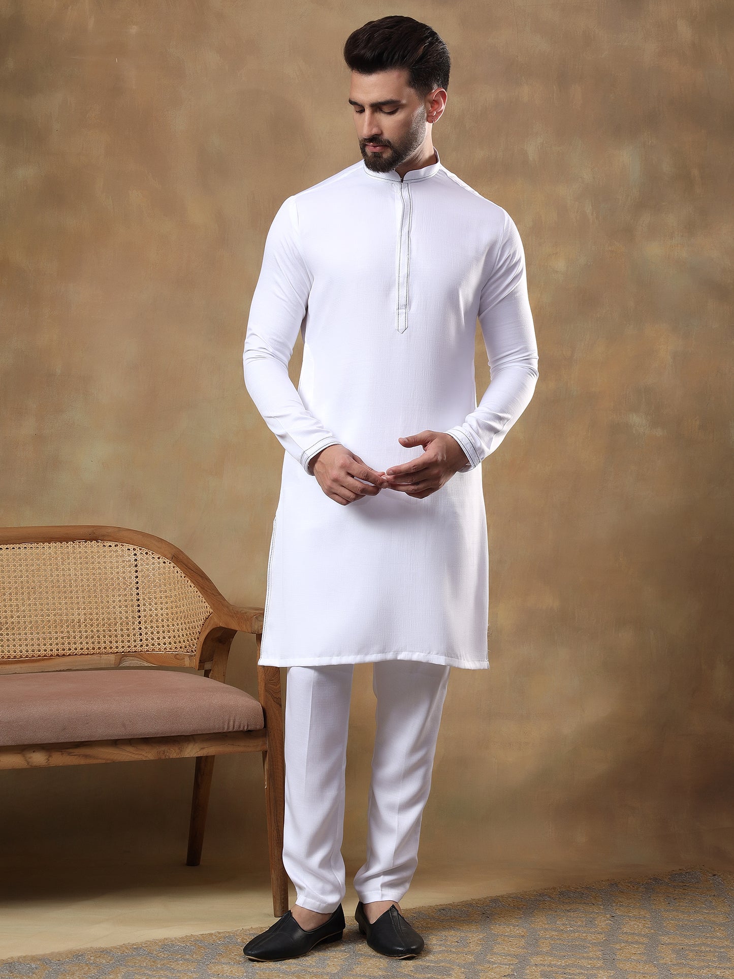 Warm White Peacock Embroidered Kurta Jacket Set