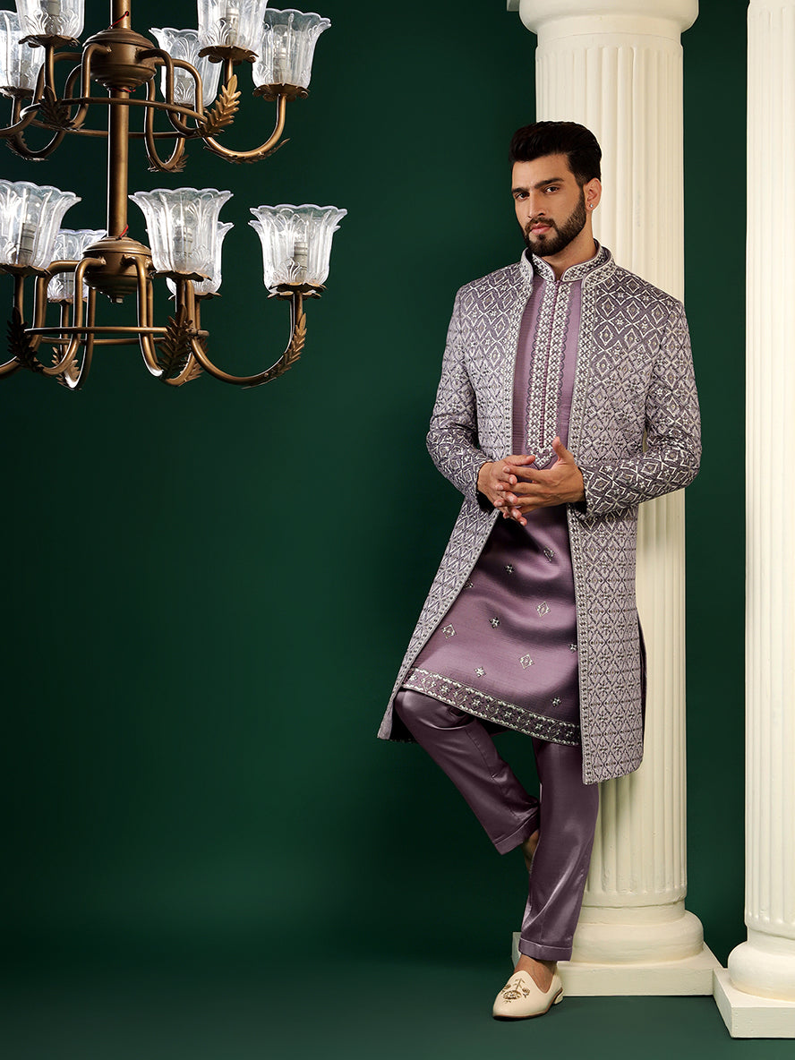 Mauve Purple Phulkari Patterned Indowestern Set