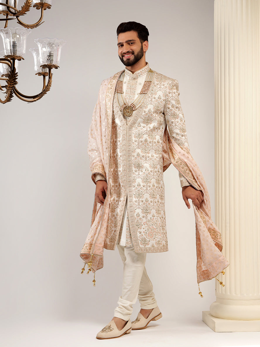 Stylish Cream Silk Groom Sherwani With Threadwork Embroidery