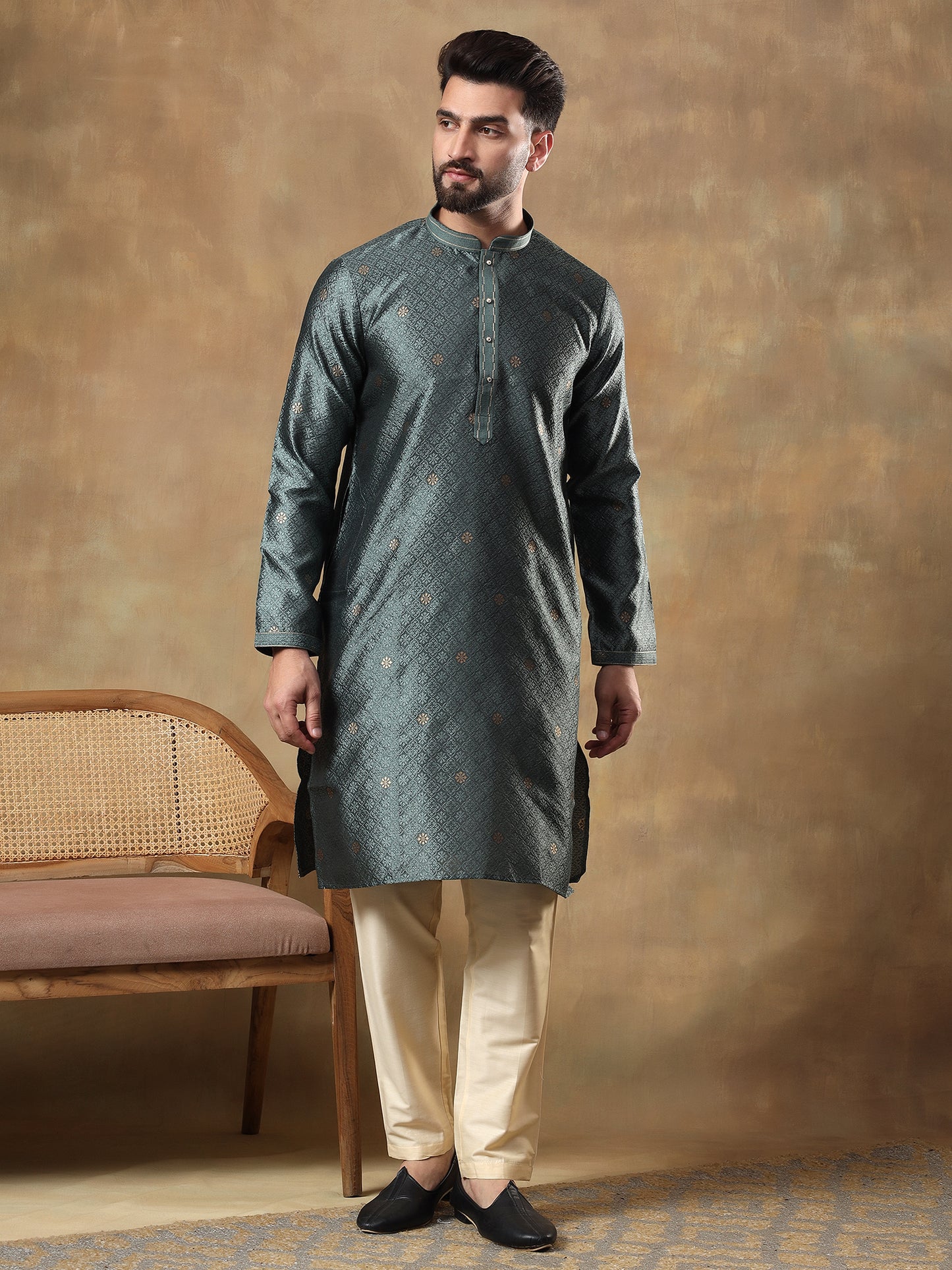 TEAL GREEN JAAL MEDALLION PATTERNED KURTA SET