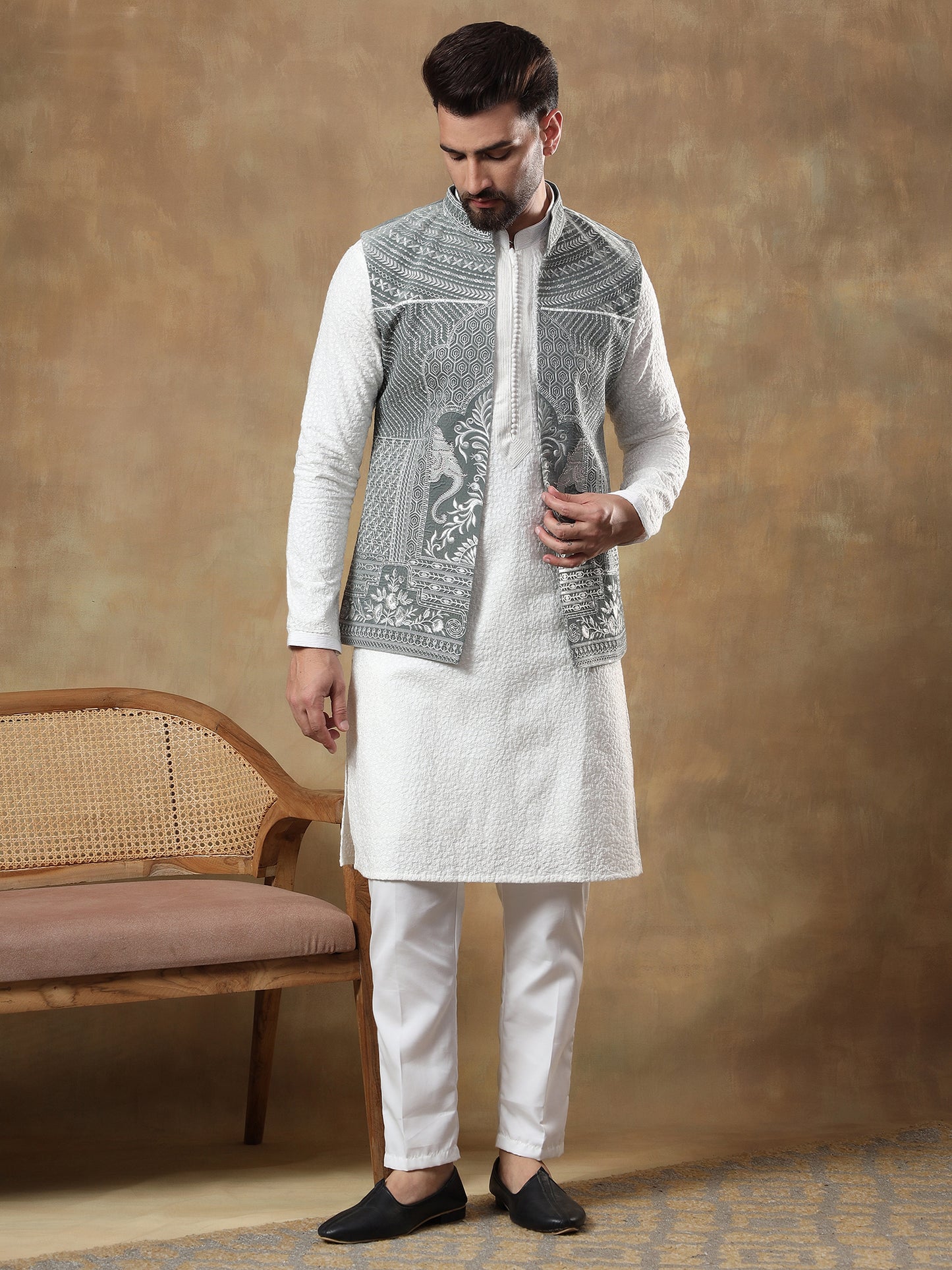 FERN GREEN THREAD EMBROIDERED JACKET WITH WHITE CHIKANKARI KURTA SET
