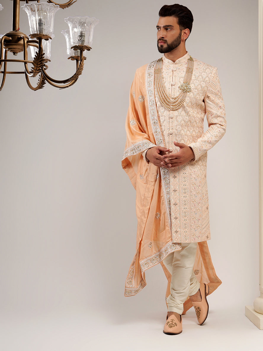 Peach Color Embroidery Sherwani Set