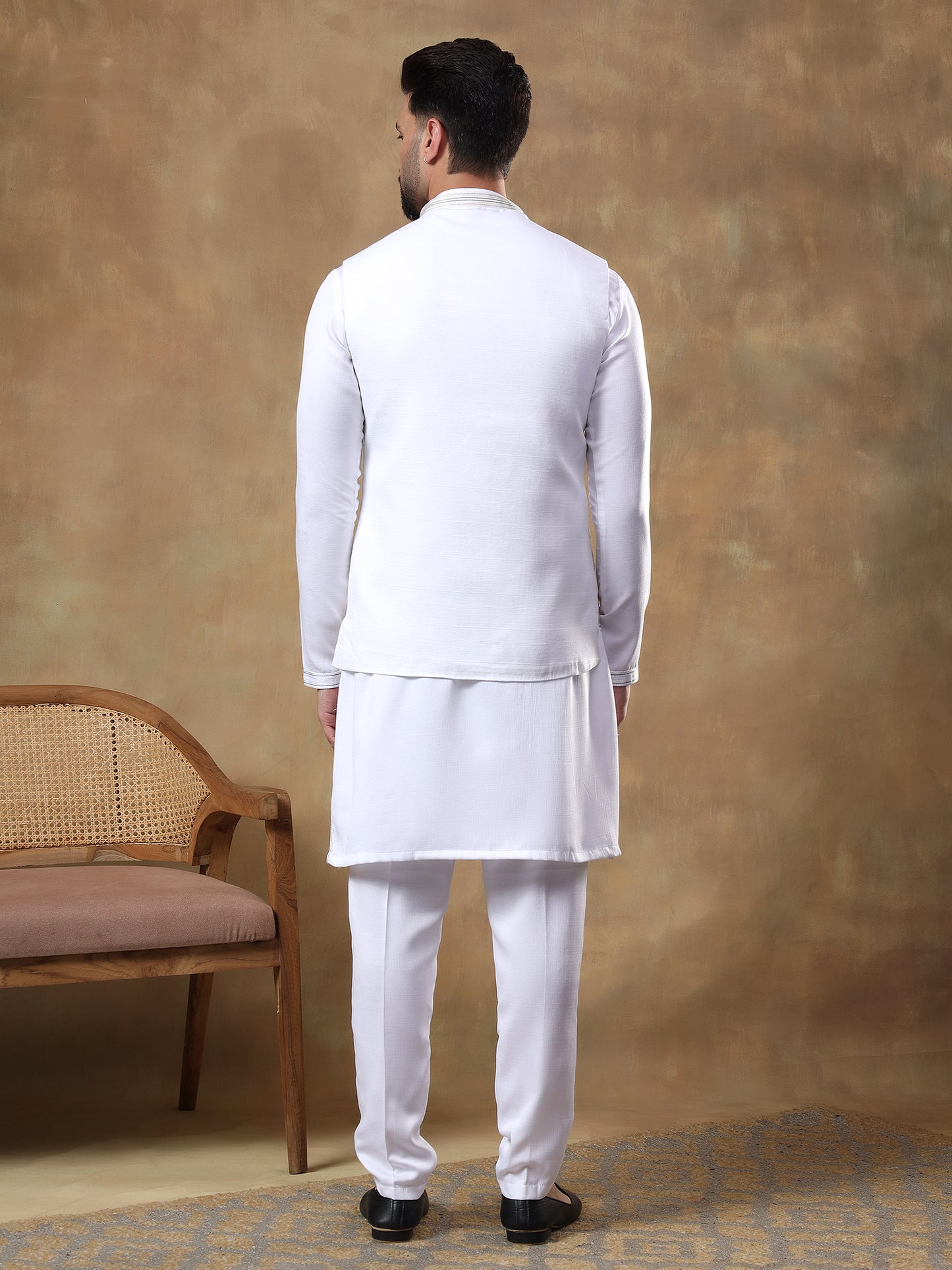 Warm White Peacock Embroidered Kurta Jacket Set