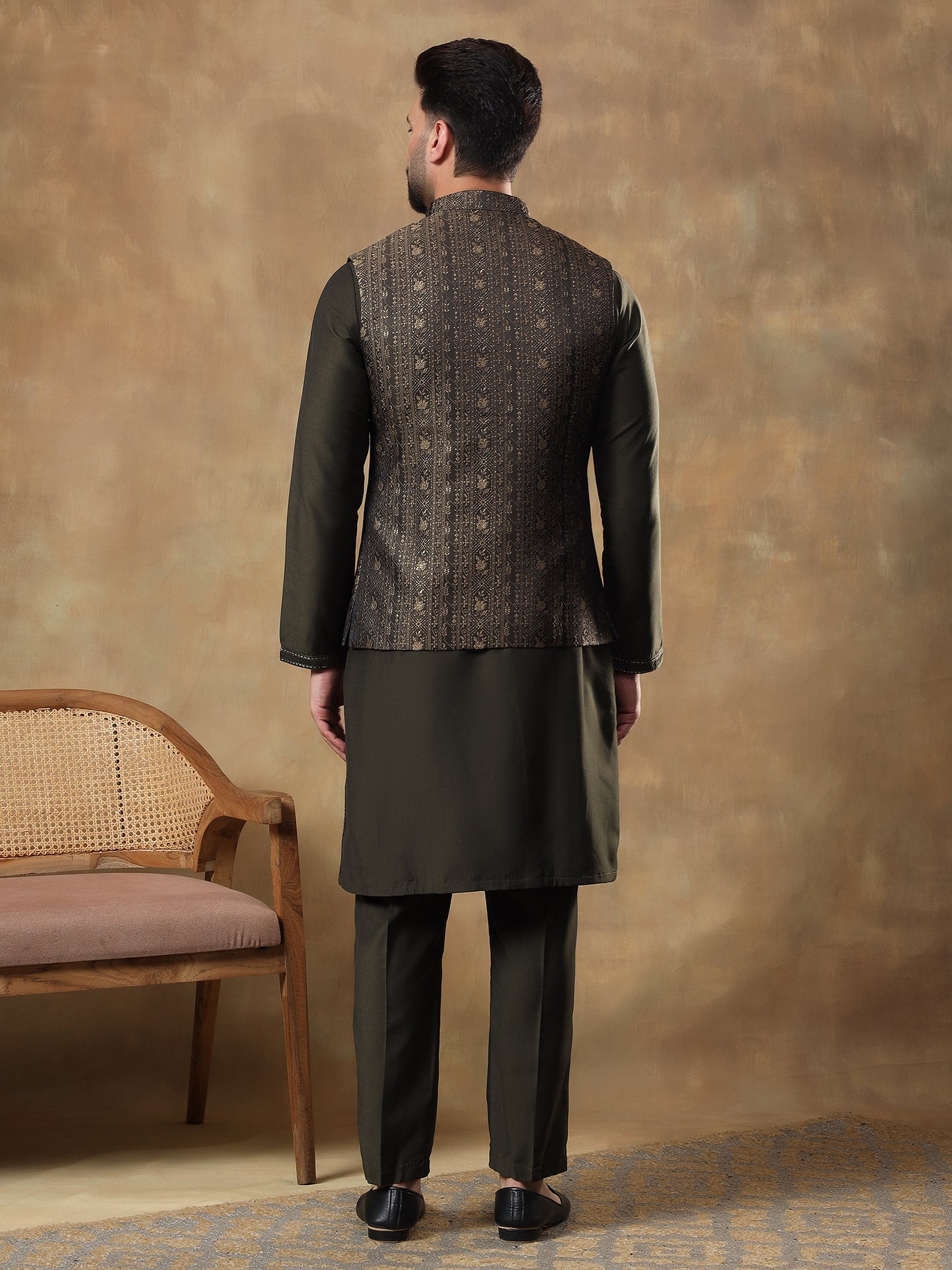 Bottle Green Belbuti Patterned Kurta Jacket Set