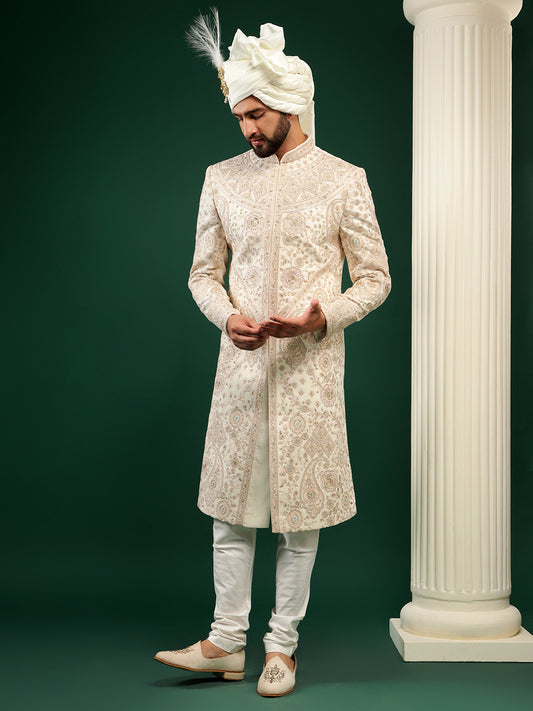 Pastel Cream Paisley Pattern Sherwani Set