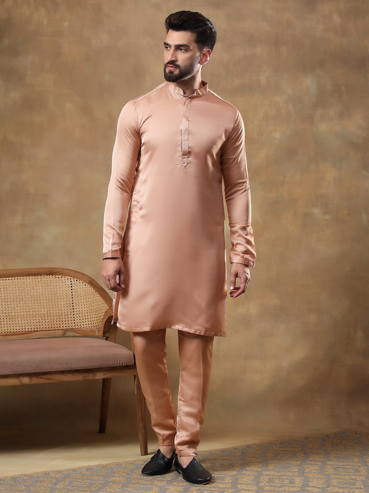LIGHT PEACH MOTIFS EMBOIDERY JACKET SET WITH PEACH KURTA