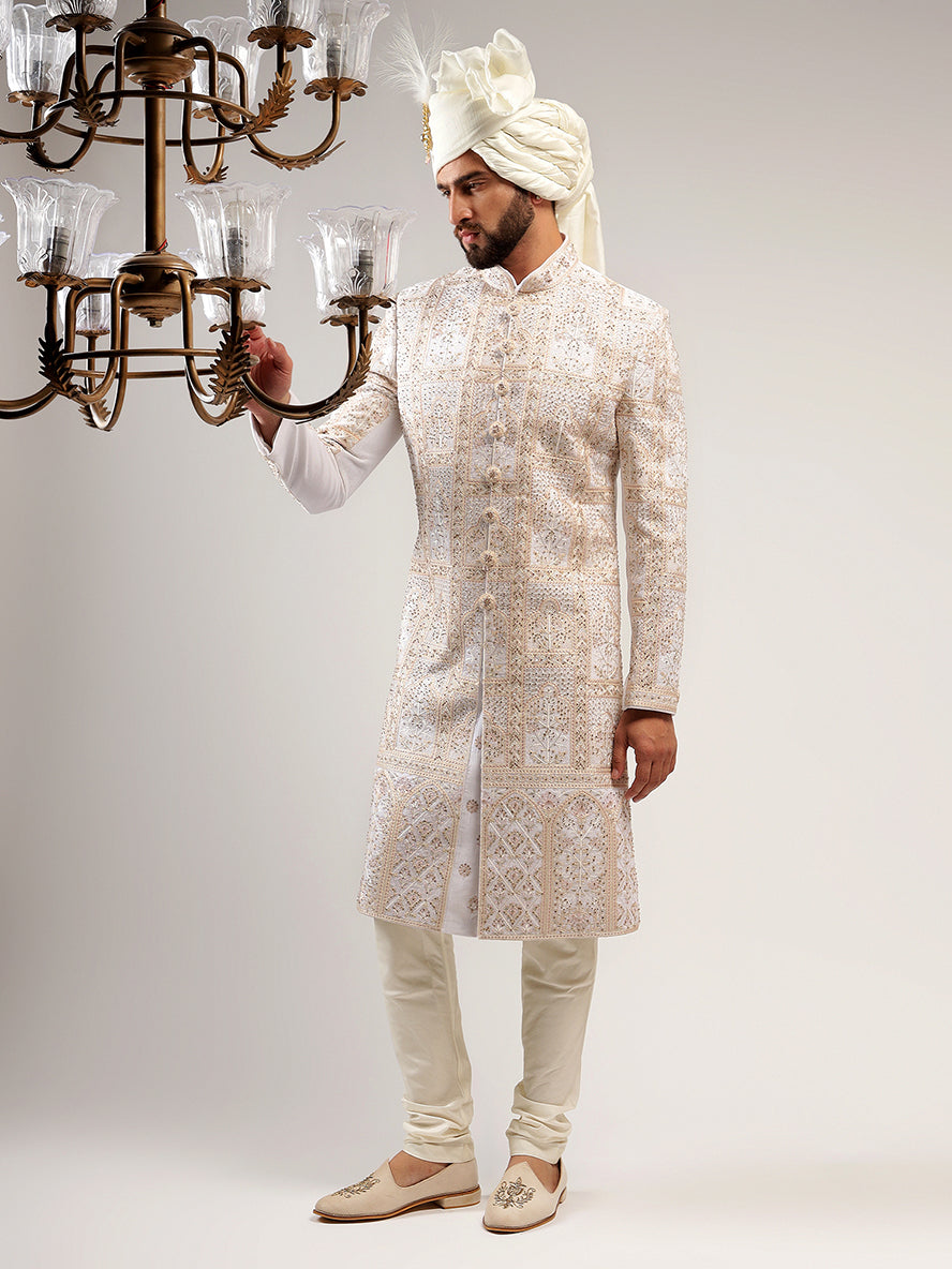 Enchanting Cream Color Self Embroidered Sherwani Set