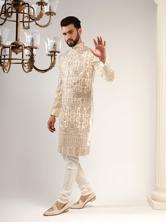Velvet Cream Sherwani With Traditional Motifs