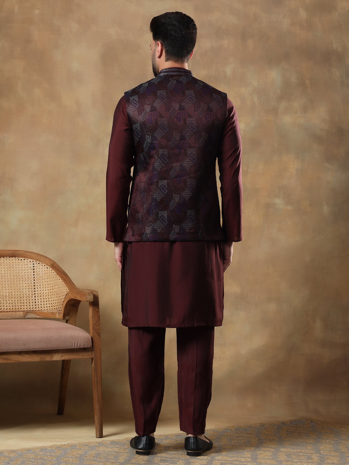 Deep Wine Grid Patterned Kurta Set